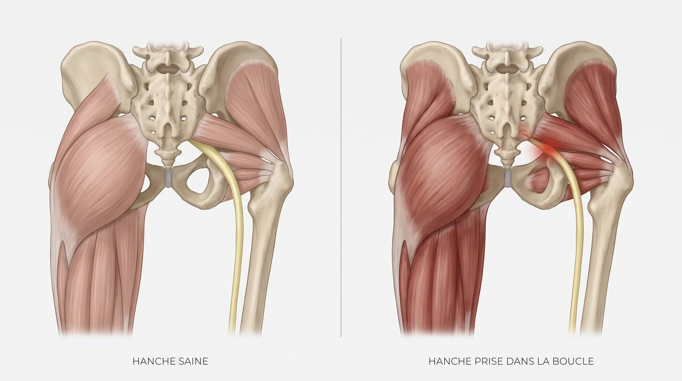 Hanche saine à gauche, hanche prise dans la boucle à droite