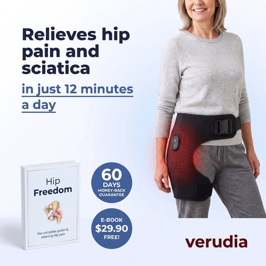 Relieves hip pain and sciatica in just 12 minutes a day, free Hip Freedom e-book