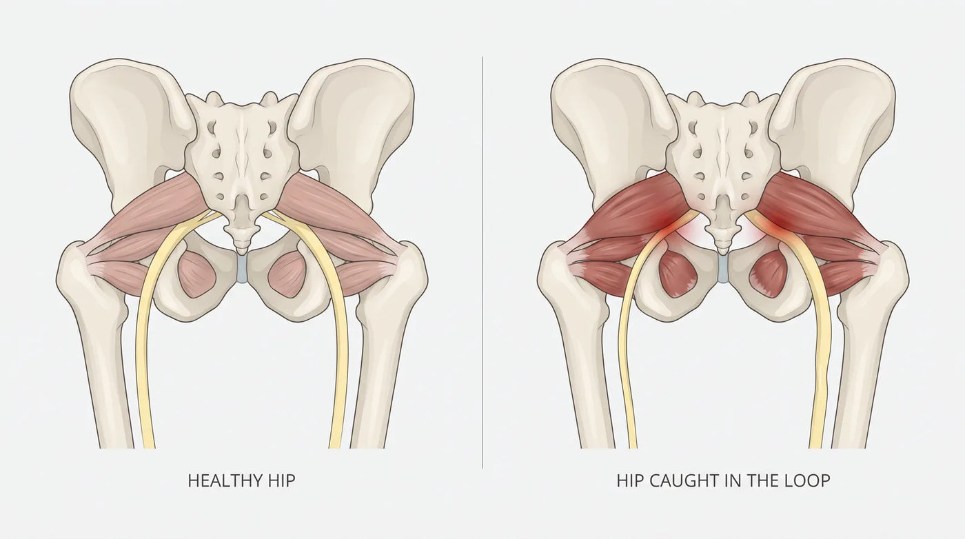 A healthy hip on the left, a hip caught in the loop on the right
