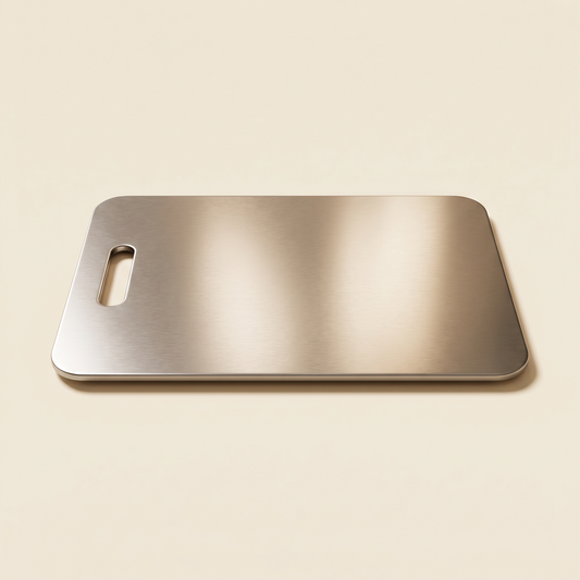 Verudia stainless steel cutting board, brushed finish, top view