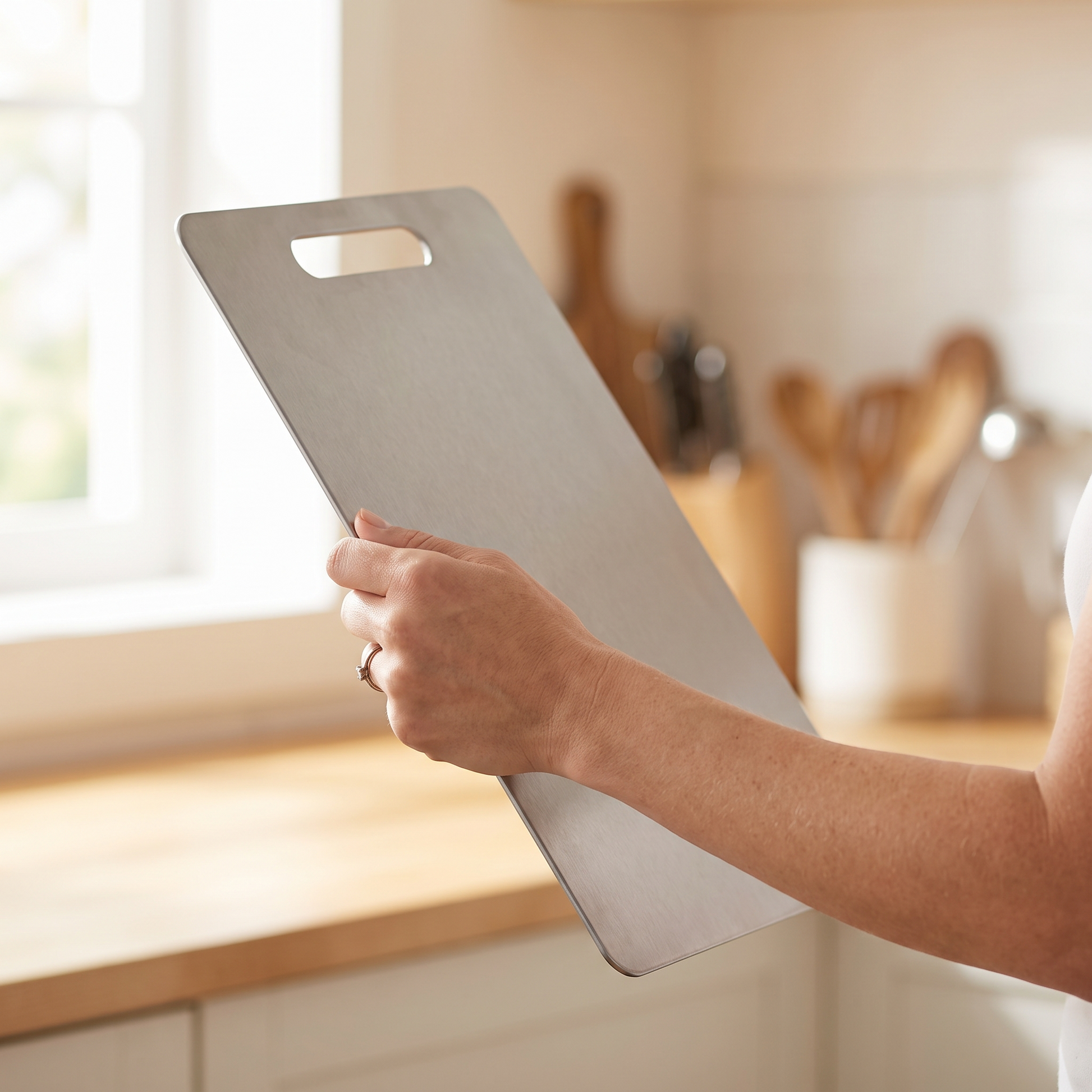 Verudia cutting board held in hand, showing how thin it is