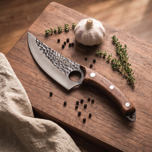Verudia chef knife on a walnut board with garlic and thyme