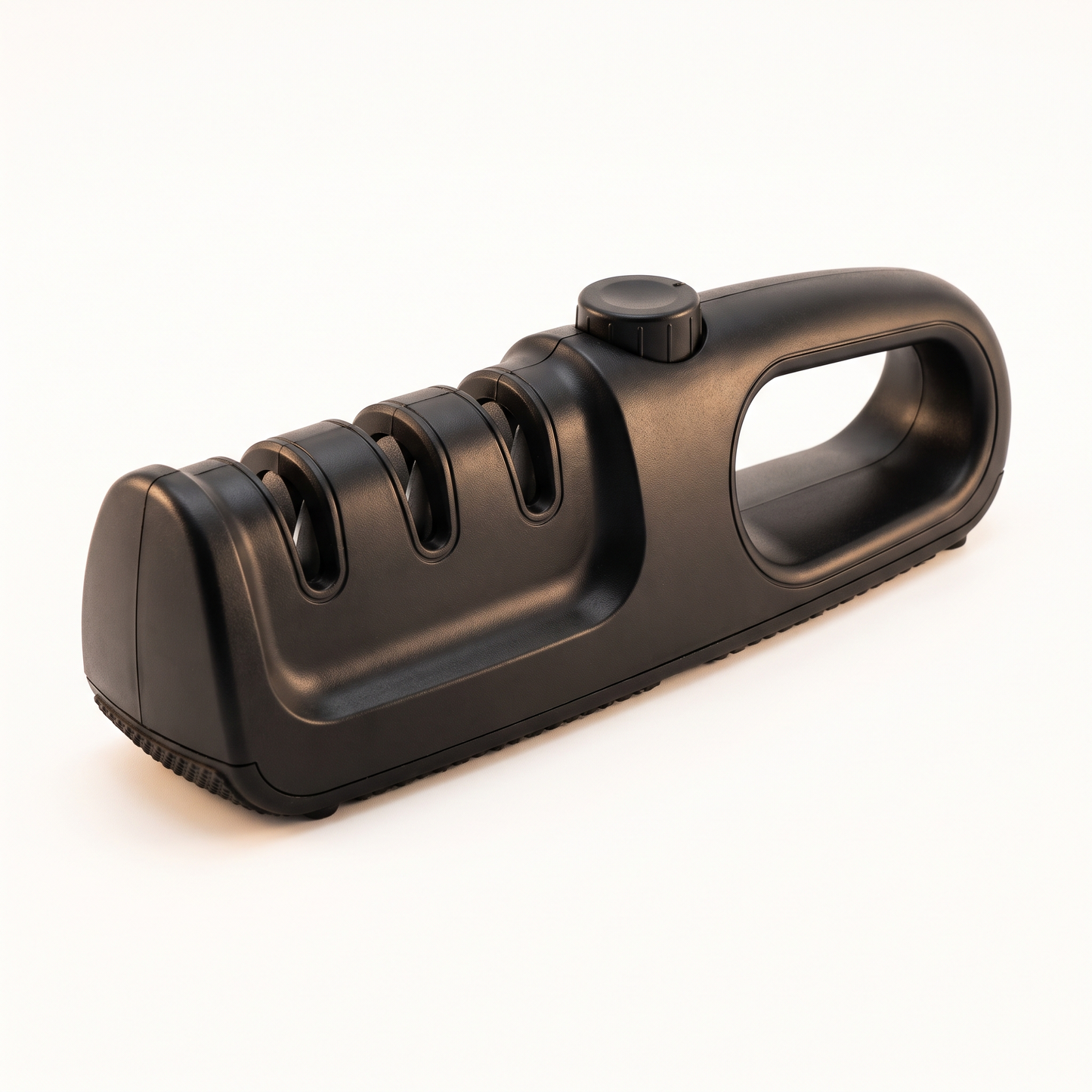 Verudia knife sharpener, three sharpening slots and built-in handle