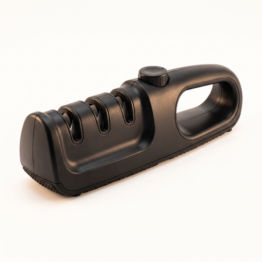 Verudia knife sharpener, three sharpening slots and built-in handle