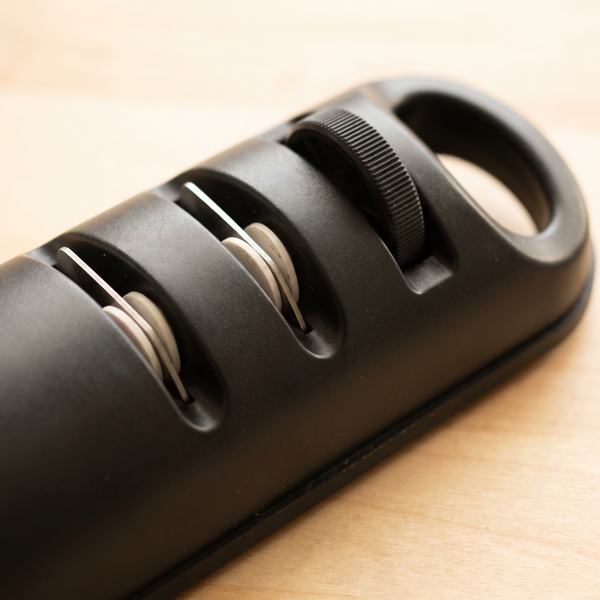 Detail of the three sharpening slots and the dial on the Verudia sharpener